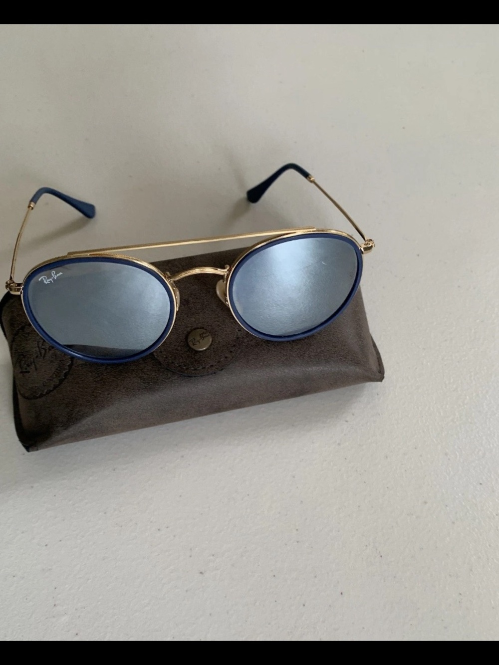 Ray-Ban Round Double-Bridge Sunglasses in Blue and Gold with Blue Temple Tips